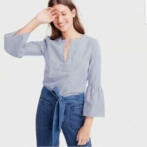 J.Crew Womens Blue Striped Top V Neck Bell Sleeve Size 4 Office Career Casual